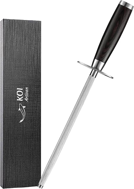 KOI Artisan Knife Sharpeners Diamond Rod - 9 Inch Sword Shape Honing Rod Fine Grit - Suitable for All Kinds of Knives, Blades - Professional Honing Steel Knife