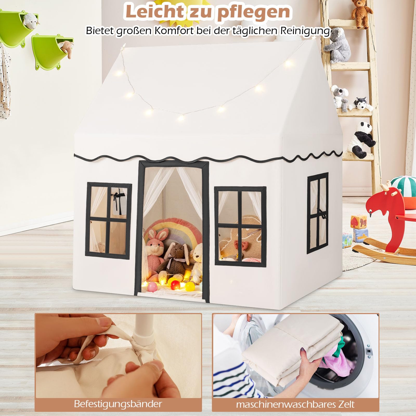 COSTWAY Kinderspielhaus mit Sternenlichtern, Prinzessin Prinzess Kinderzelt mit Fenstern & Netzvorhängen, Kinderspielzelt Spielzelt Spielhaus für Jungen und Mädchen (Beige)
