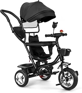 Triciclo Niños evolutivo, Triciclo evolutivo para bebés, Triciclo 4 en 1 con barra de empuje de 18 Meses a 25 kg, A - Negro