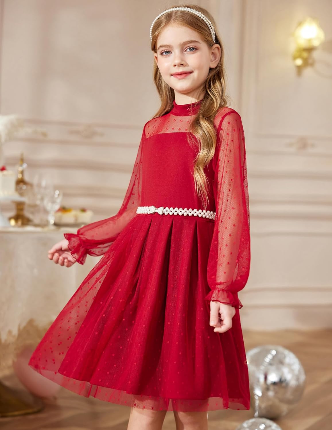 Arshiner Girls Dresses Contrast Mesh Puff Long Sleeve Mock Neck Formal Party A Line Short Tulle Dress - Image 3