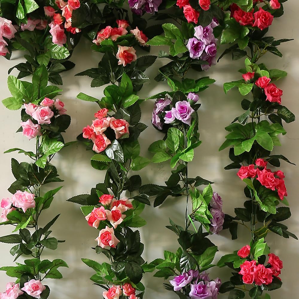 5 Stück Künstliche Blumengirlande, Deko Hochzeit Rosengirlande Kunstblumen Girlande, Künstliche Rose Blume Seidenblumen Hängende Girlande für Hochzeit, Garten, Wand Dekoration,Weiß E