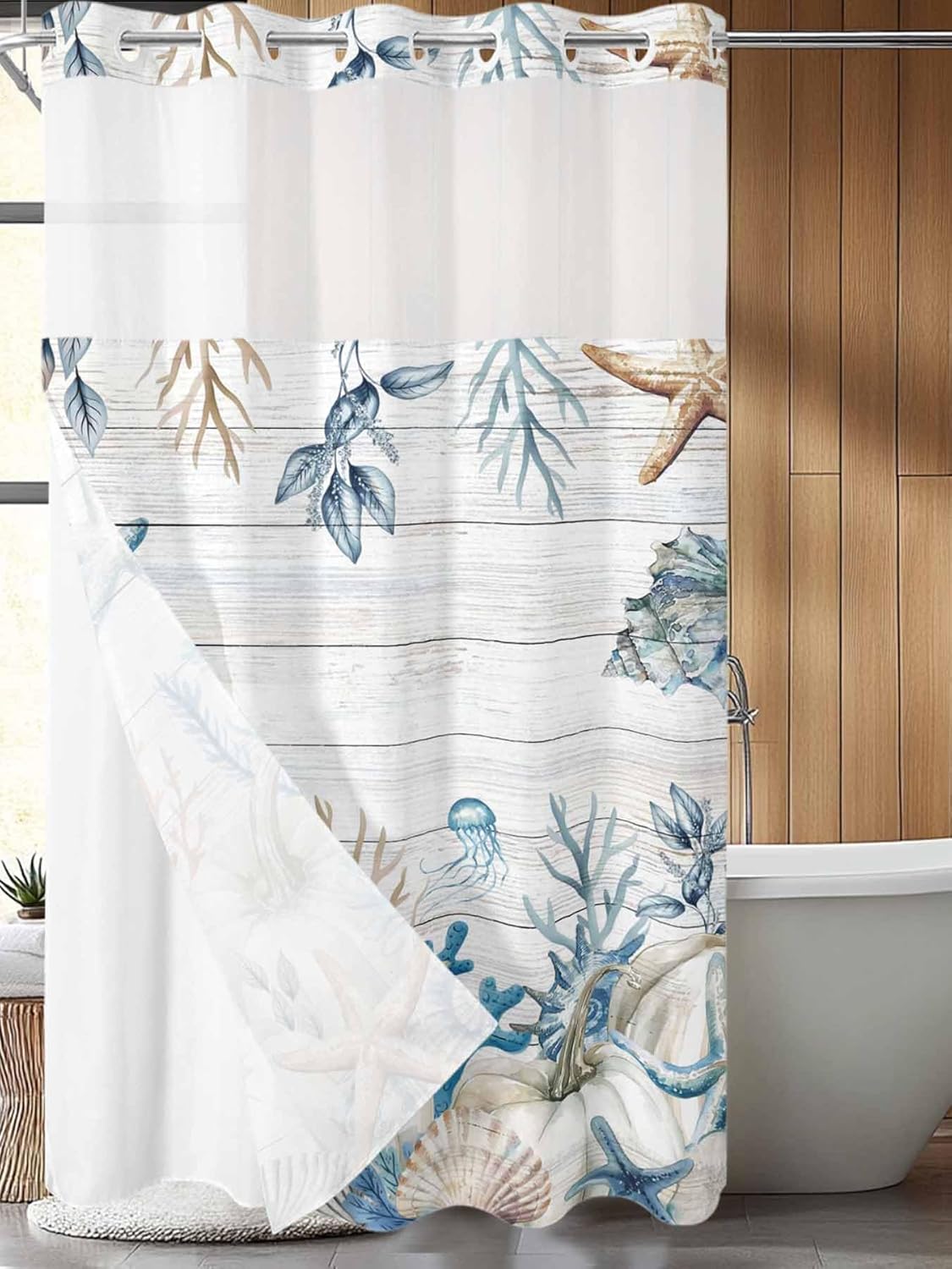No Hook Shower Curtains, Fall Pumpkins Coastal Small Shower Curtains with Snap in Liner, Summer Fall Coral Wooden Waterproof Washable Fabric Bathroom Shower Curtain Sets, 36" x 72"