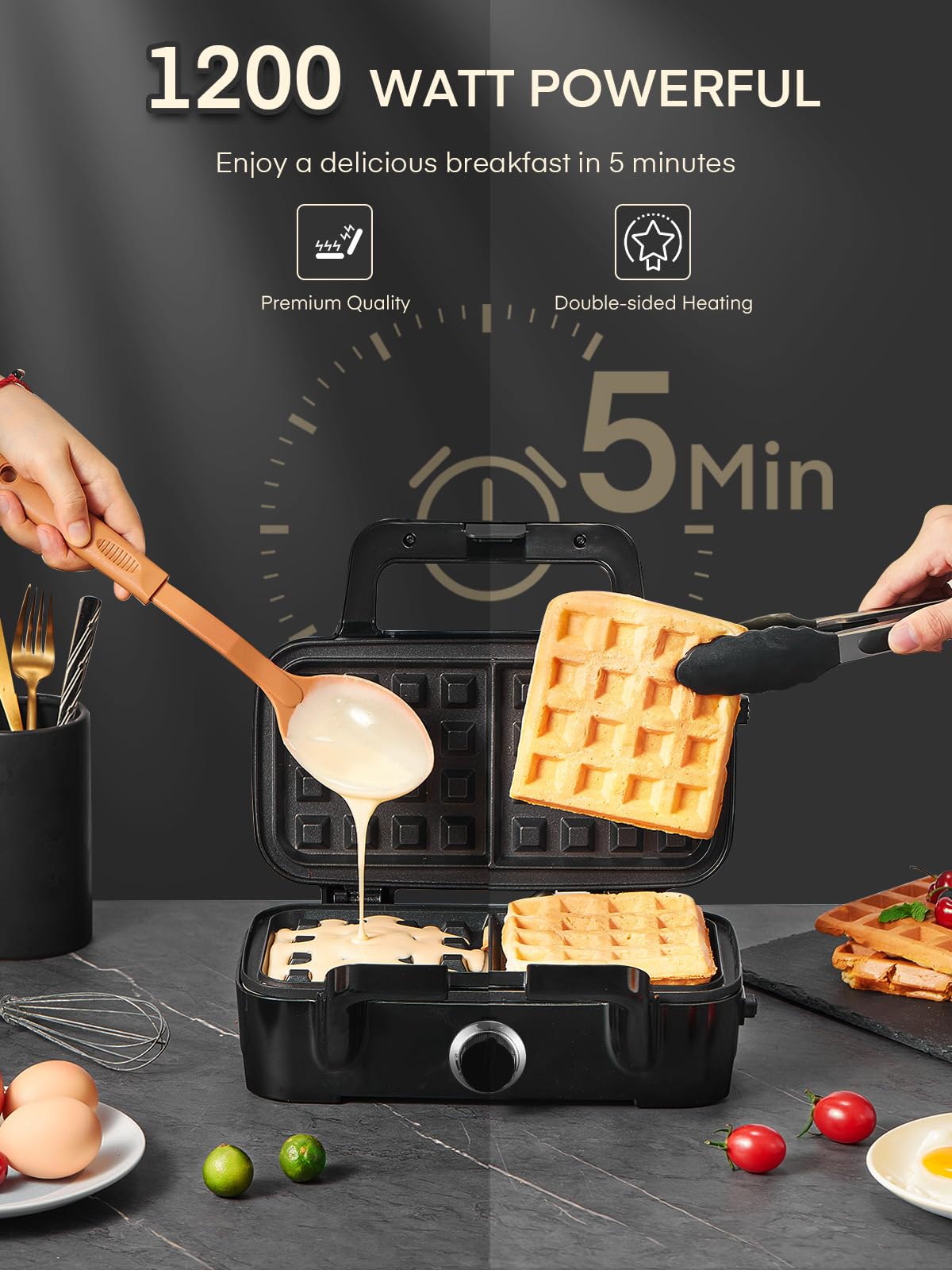 Gofrera 3 en 1, Plancha para Sandwichera con Regulador de Temperatura, 3 Plato Extraíble para Tostadas, luz Indicadora, Gofres y Carne, Acero inoxidable & Revestimiento Antiadherente, Negro