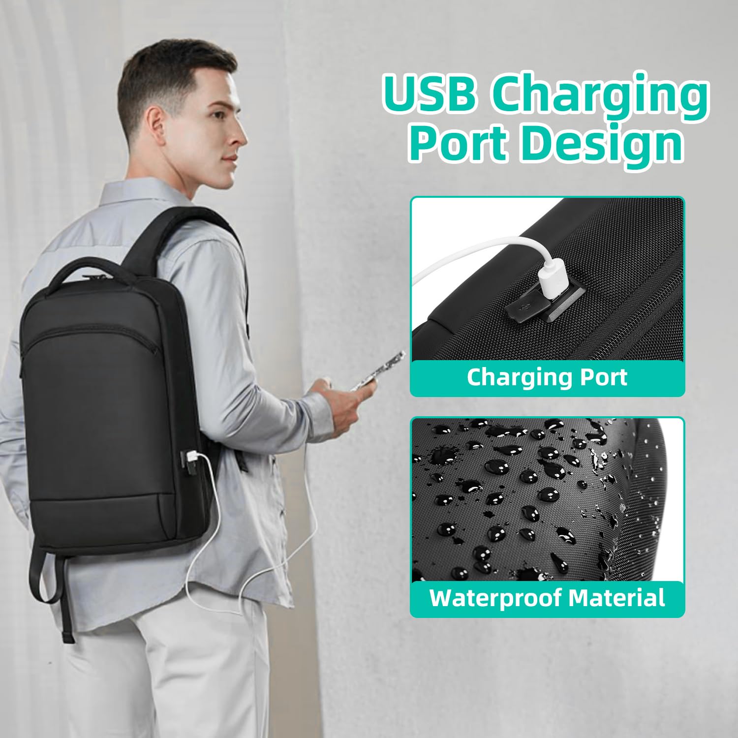Sac à Dos PC Portable 15.6 Pouces Homme Impermeable USB Charging Port Voyage Travail Noir