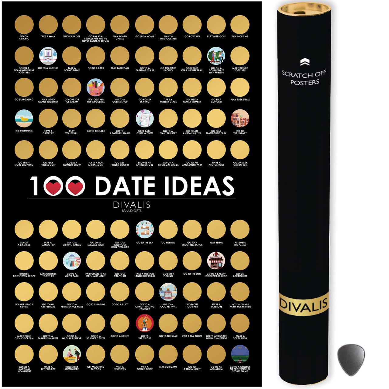 Divalis 100 Date Poster da Grattare Facile da Incorniciare - 100 Cose da Fare Coppia - Date Elenco dei Desideri - Lista dei Desideri di Coppia - Top 100 Date Ideas Scratch