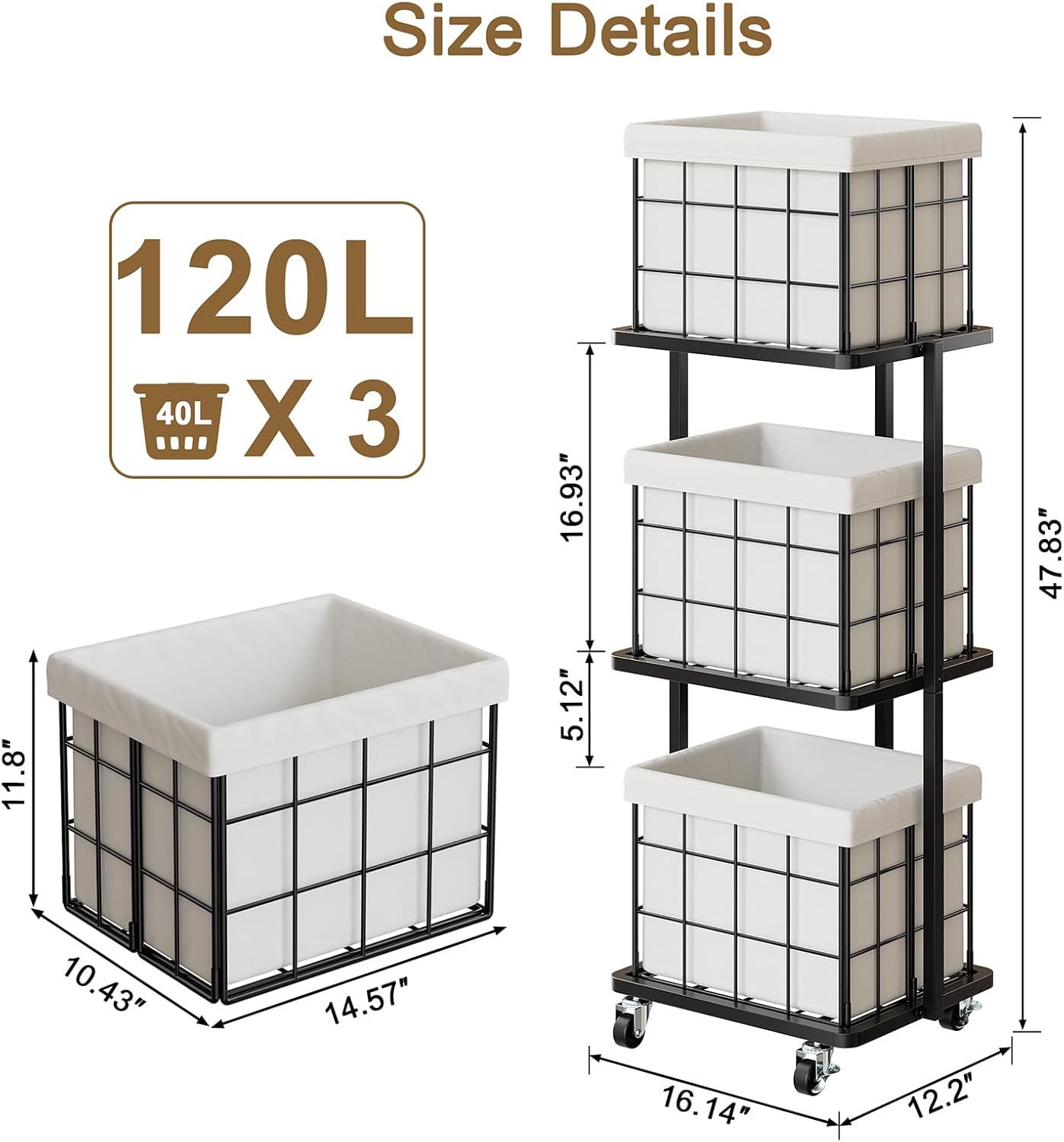 120L Vertical Rolling Laundry Hamper with Removable Bags, 3 Section Laundry Basket with Wheels, Slim Tall 3 Tier Laundry Sorter for Small Spaces, Dorm, Laundry Room, Bathroom, Closet, White