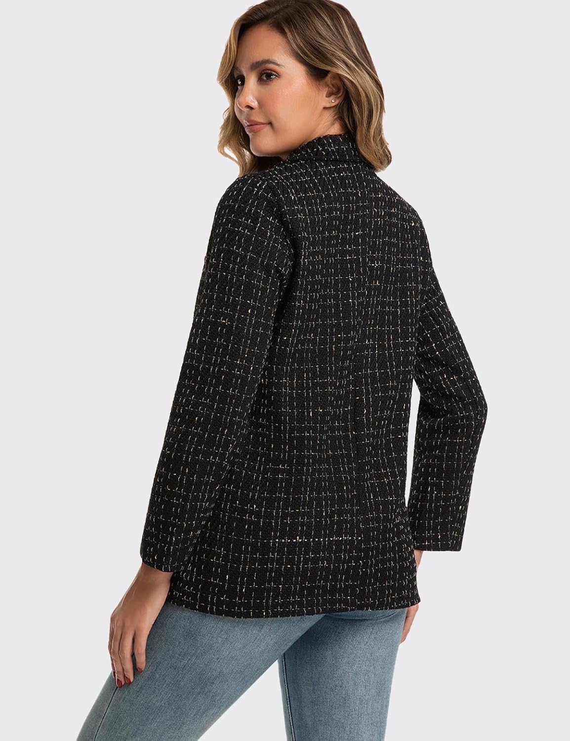 Blazers for Women Business Casual Tweed Plaid Linen Blazer Jacket - Image 2