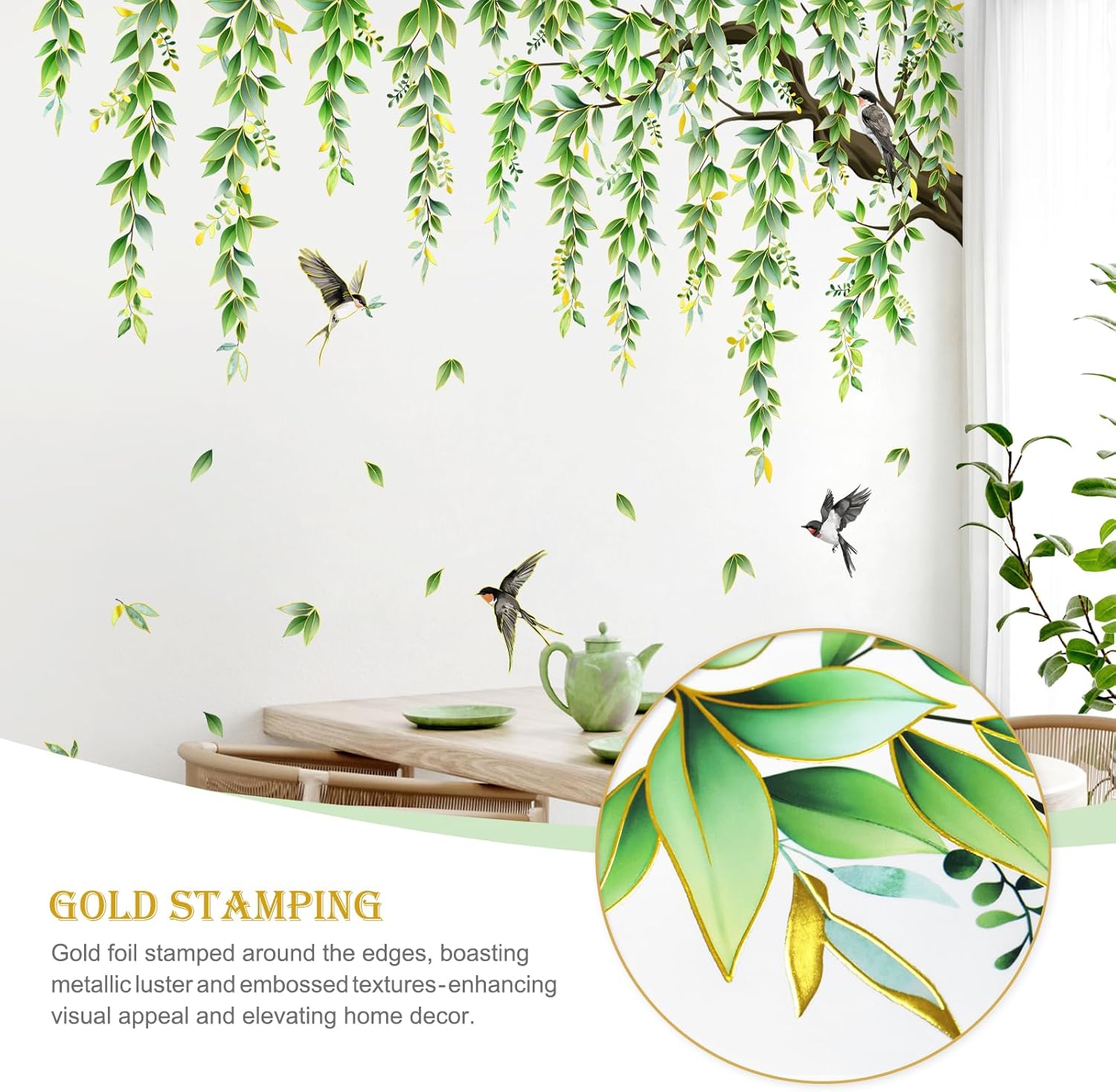 55" x 39" Green Tree Branch Wall Decals, Hanging Green Vine Leaves Birds Wall Stickers for Living Room Bedroom Sofa TV Backdrop Decor
