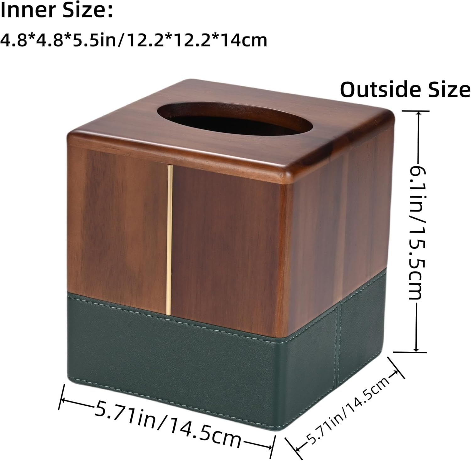 MIHIRO Acacia Wood Tissue Box Cover with Leather Wooden Facial Tissue Holder Square, Standard Size for Living Room Bedroom Dresser Hotel Bathroom Vanity Counter Office Desktop, Walnut Brown (Chestnut)