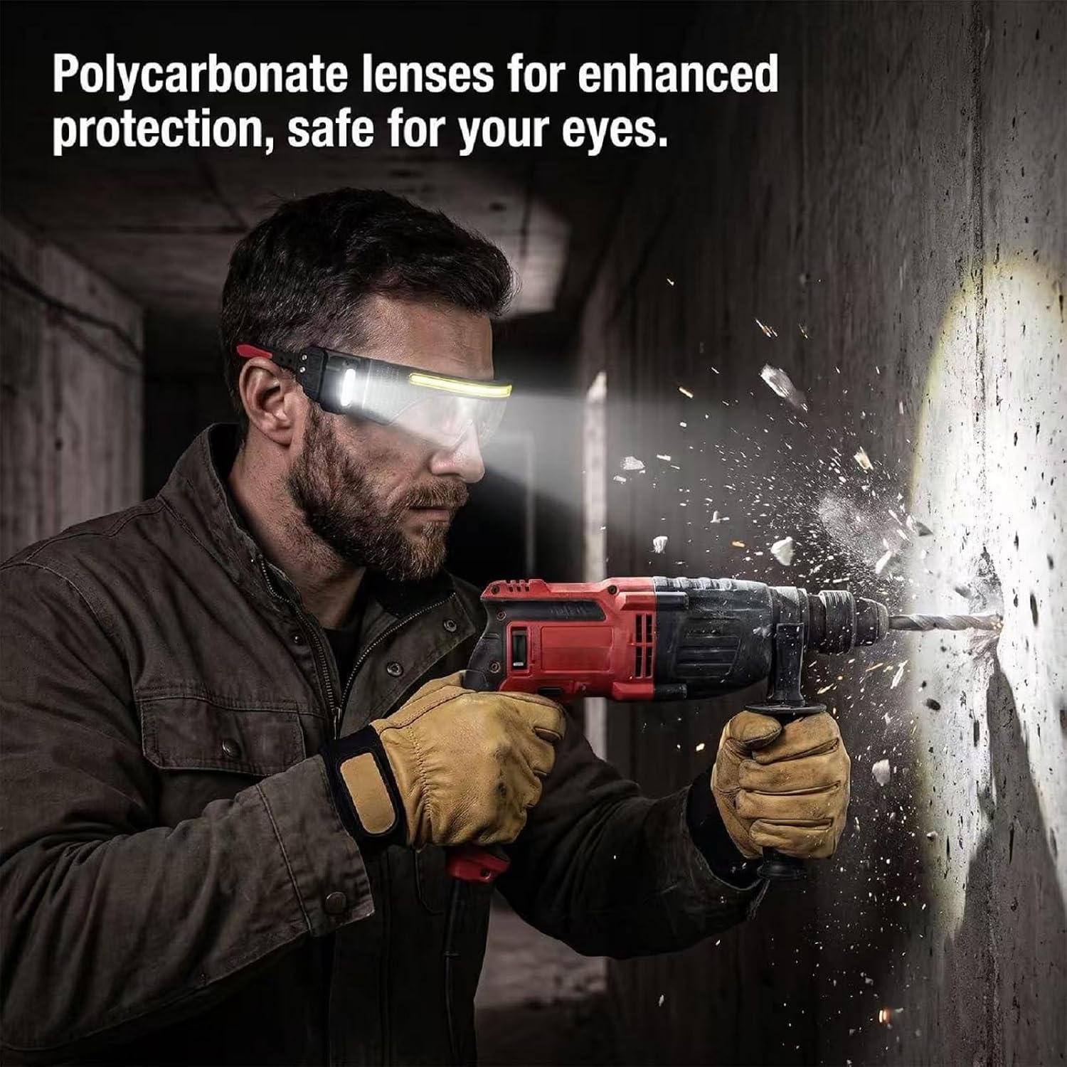 LED Glasses Rechargeable Headlight Goggles with Smart Sensing and Touch Control 8 Modes USB-C Flash Glasses