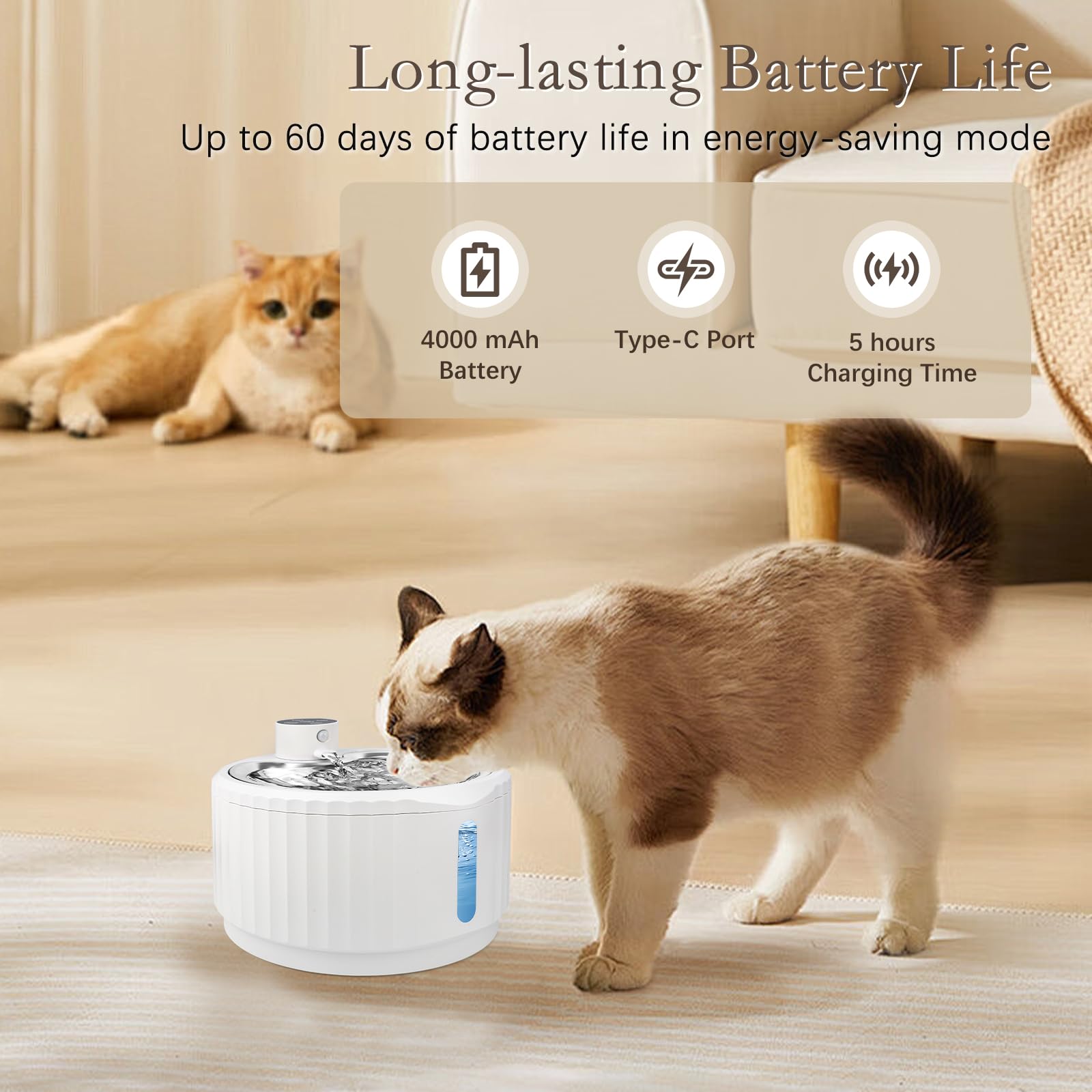 Fontanella per Gatti Senza Fili, 2.8L Fontanella Gatto con Sensore di Movimento e Filtri di Ricambio, 4000 mAh Distributore Acqua Gatti con Vassoio in Acciaio Inossidabile