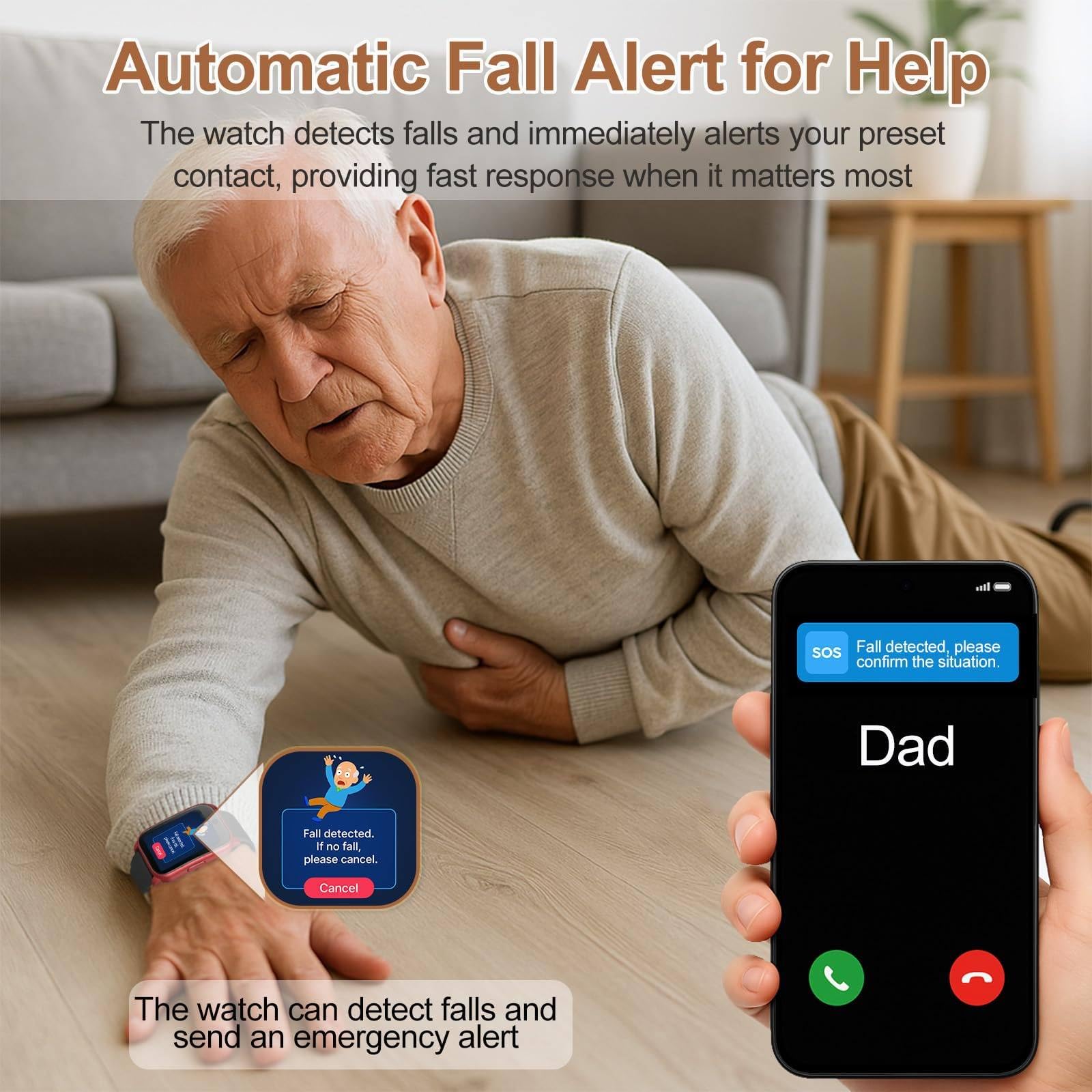 Notruf Uhr für Senioren, Notfalluhr mit Sturzsensor und GPS Tracker, HD Videoanruf Gesundheitsüberwachung, 1,47-Zoll-HD-Bildschirm IP67 Wasserfest für Alzheimer Black