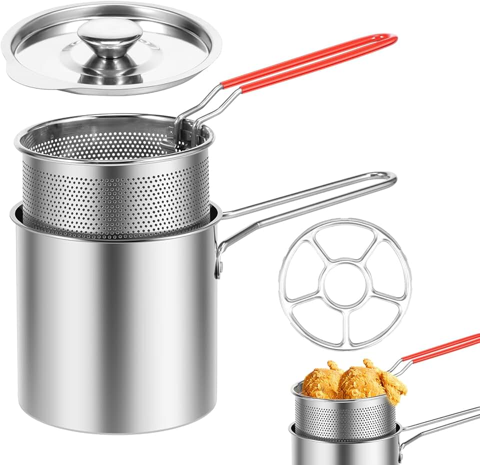 Panela de fritadeira com cesta, panela de 200 ml, panela de fritura profunda com alça de fácil aderência, frigideira portátil de aço inoxidável para fritar peixe, camarão, frango e batatas