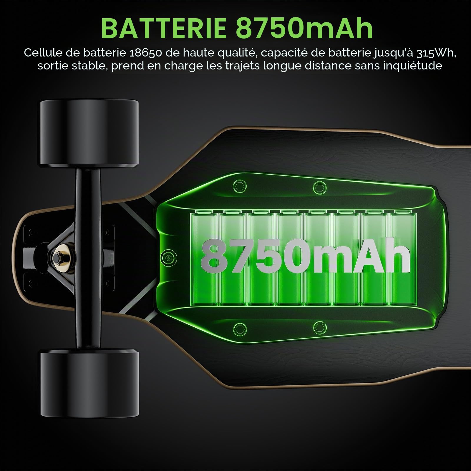 Skateboard électrique pour adultes et adolescents - Moteur 1800 W 4 modes de vitesse - Télécommande avec OLED avec écran - Noir
