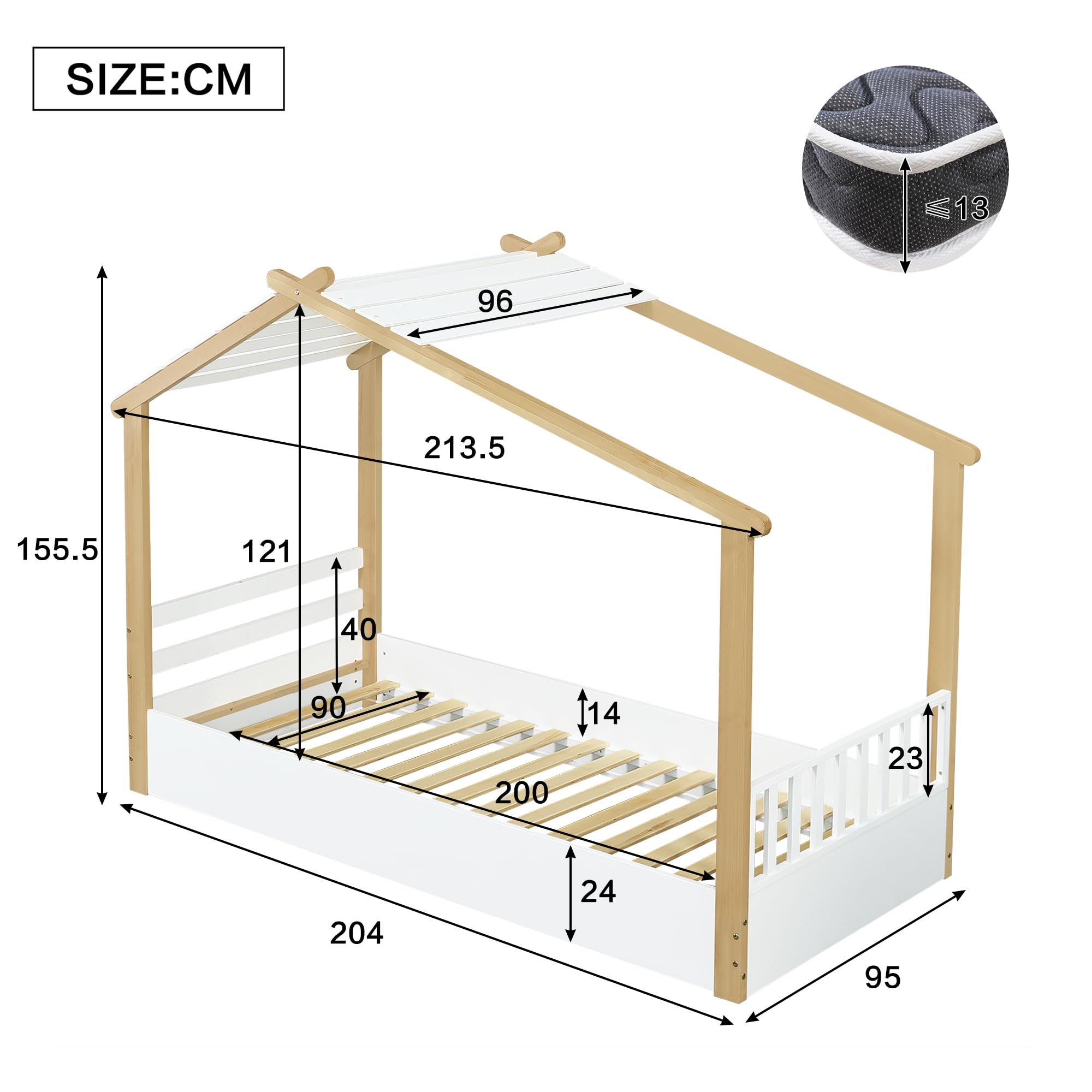 Kinderbett 90x200 cm, Holzbetten Bodenbett mit Rausfallschutz und Lattenrost, Holzhausdesign Bett für Kinder mit Dach, Hausbett mit Zaun für Jungen & Mädchen, Weiß, Kiefernholz, ohne Matratze