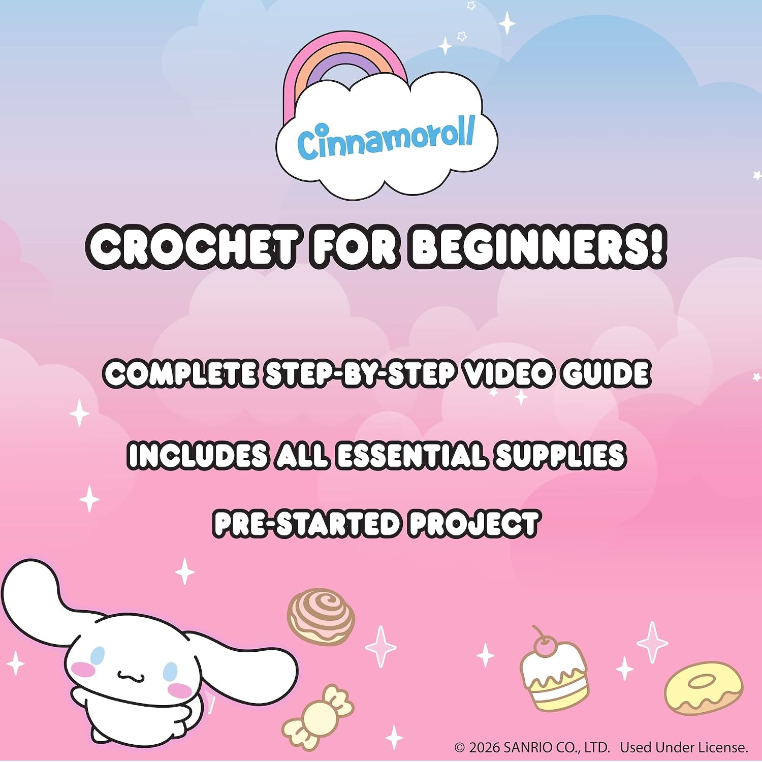 Hello Kitty® and Friends Crochet Kit – Cinnamoroll™ Bag Charm, Sanrio Crochet Kit for Beginners with Yarn, Starter Hooks, Step-by-Step Tutorials, DIY Craft, Great Teen Gifts
