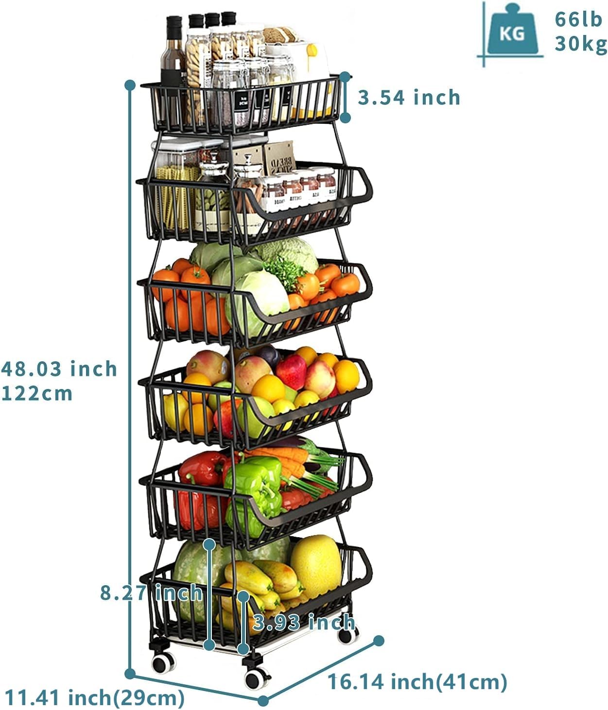 Metal Wire Baskets with Wheels, Stackable Storage Bins Kitchen Organizer Shelf 3-4-5-6 Tier Fruit Vegetable Cart Dishes Seasonal Rack Shelves for Garage, Pantry, Bathroom - Image 2