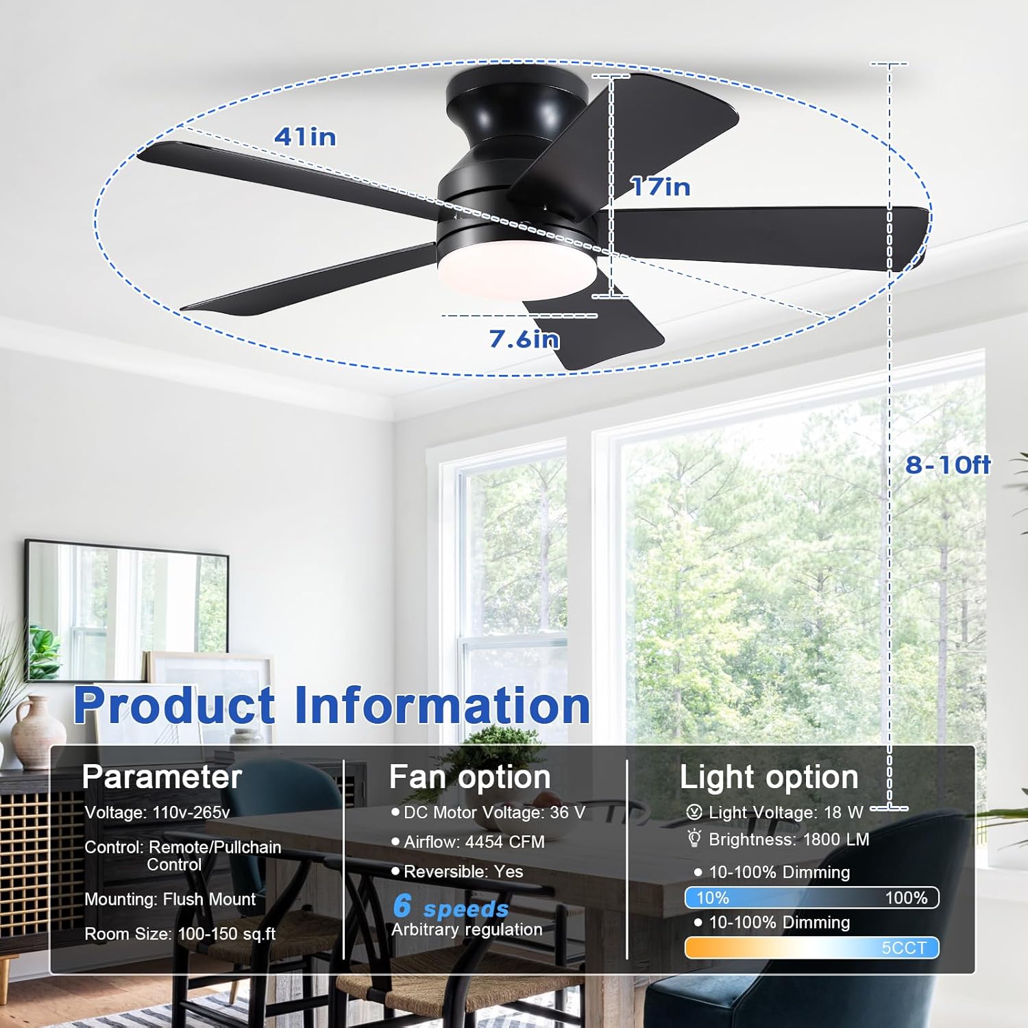 41 inch Ceiling Fans with Lights, Black Flush Mount Ceiling Fan with Remote, 3CCT, LED Dimmable, Reversible, 6 Fan Speeds, Quite Low Profile Ceiling Fan with Lights Modern Bedroom Kitchen Indoor 41in Black