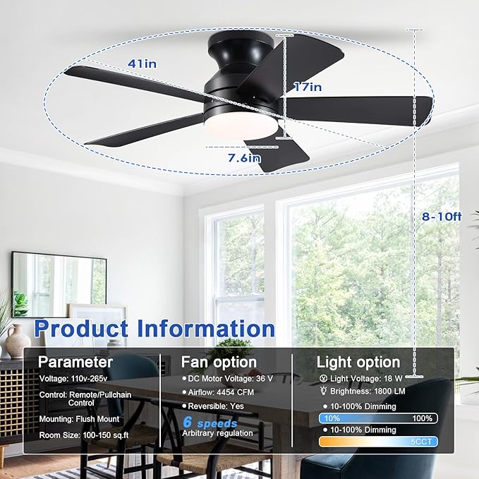 Ventilador de Techo 41 Pulgadas con Luz LED, 6 Velocidades, miniatura 2