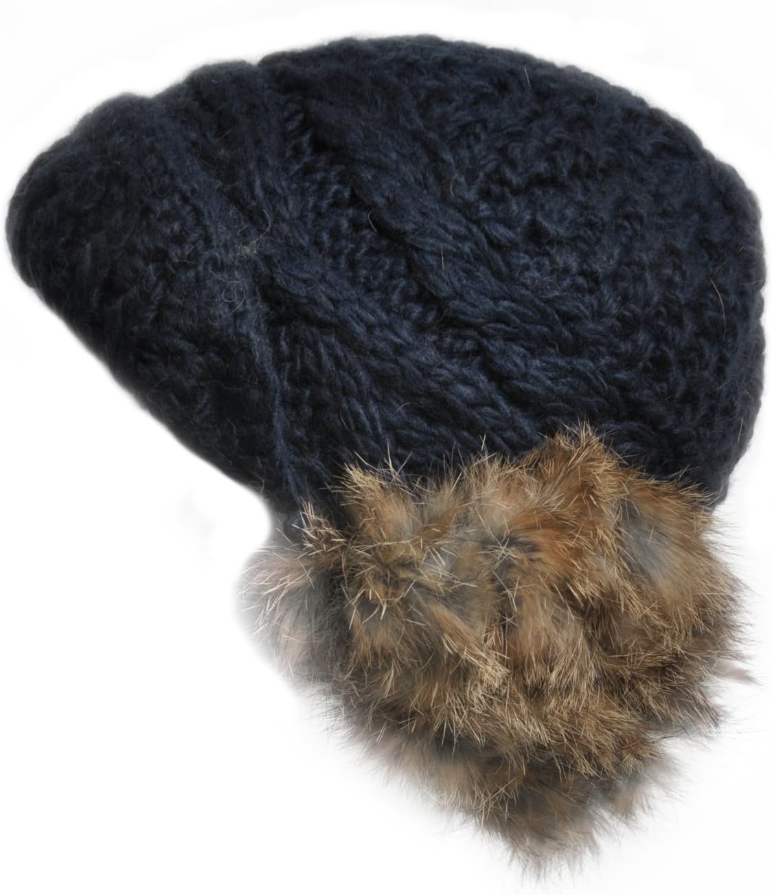 GP Accessories Girl's Rabbit Fur Ear Muffs Hand Knit Beanie Hat Small Navy