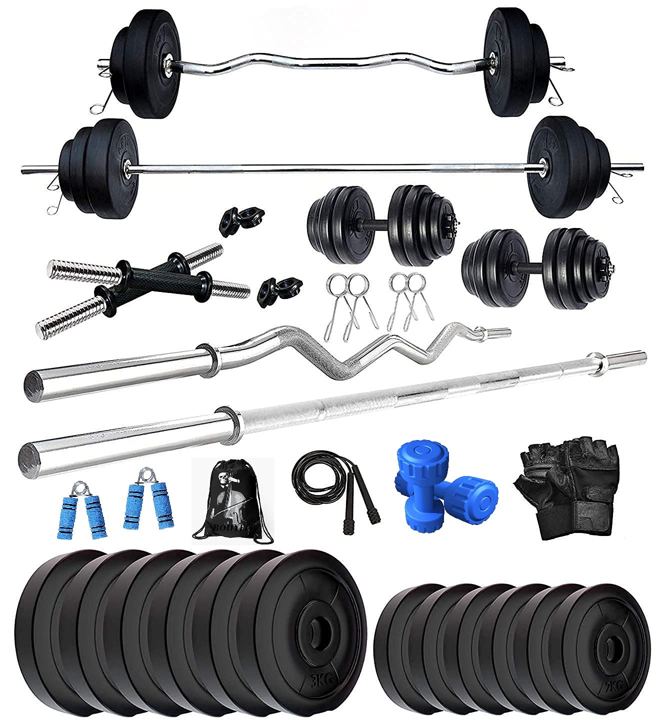 Bodyfit Home Gym System Exercise Set, Strength Training, Weight Plates(16Kg-100Kg),5Ft Straight,3Ft Zigzag Rod N 2xDumbbell Rods, Gym Bag n Accessories (20 Kg Combo Set)-image-9
