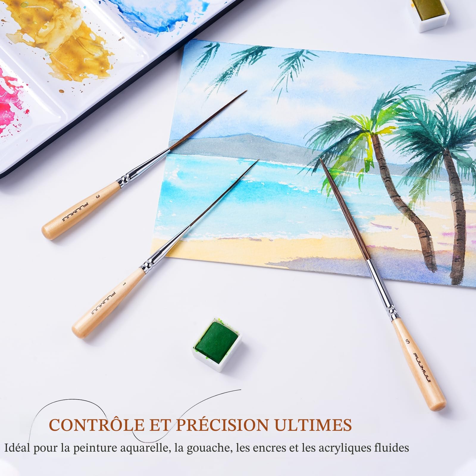 Pinceaux Traceur Extra Longs - 5 Pinceaux D’Artiste en Poils de Bœuf pour Remplir Les Coins, Marquer, Tracer Les Contours et Travailler Les Bords | Idéal pour Aquarelle, Acrylique et Huile