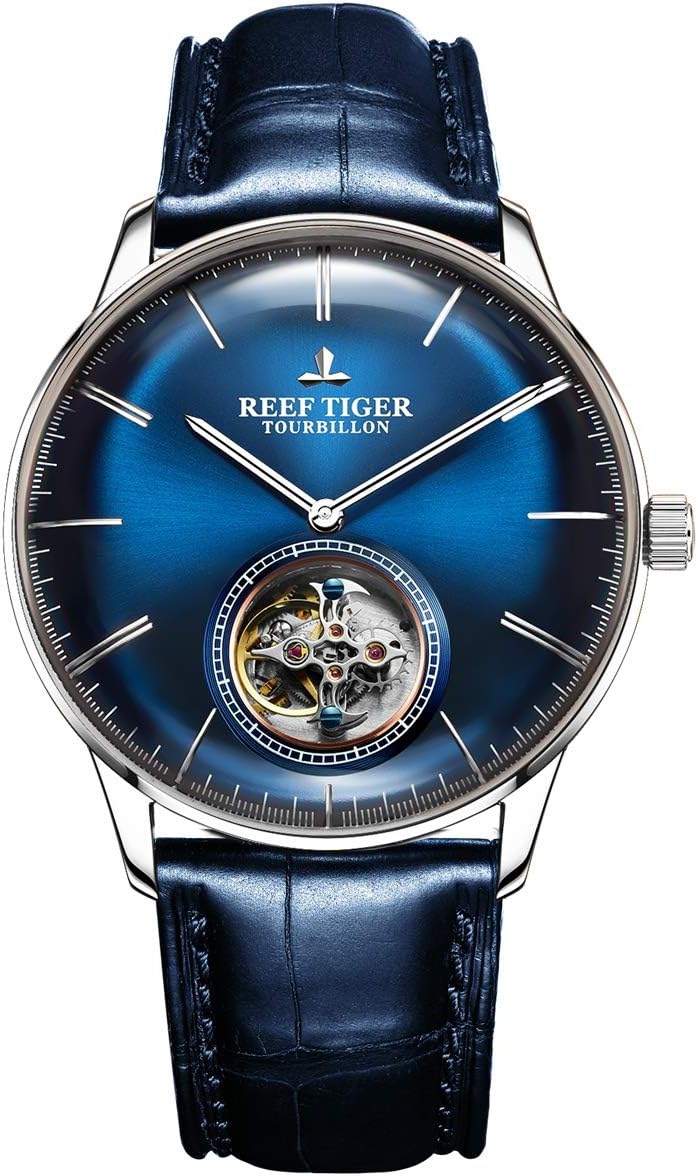 Blue Tourbillon Watch Leather Strap Men Luxury Brand Automatic Mechanical Watches RGA1930