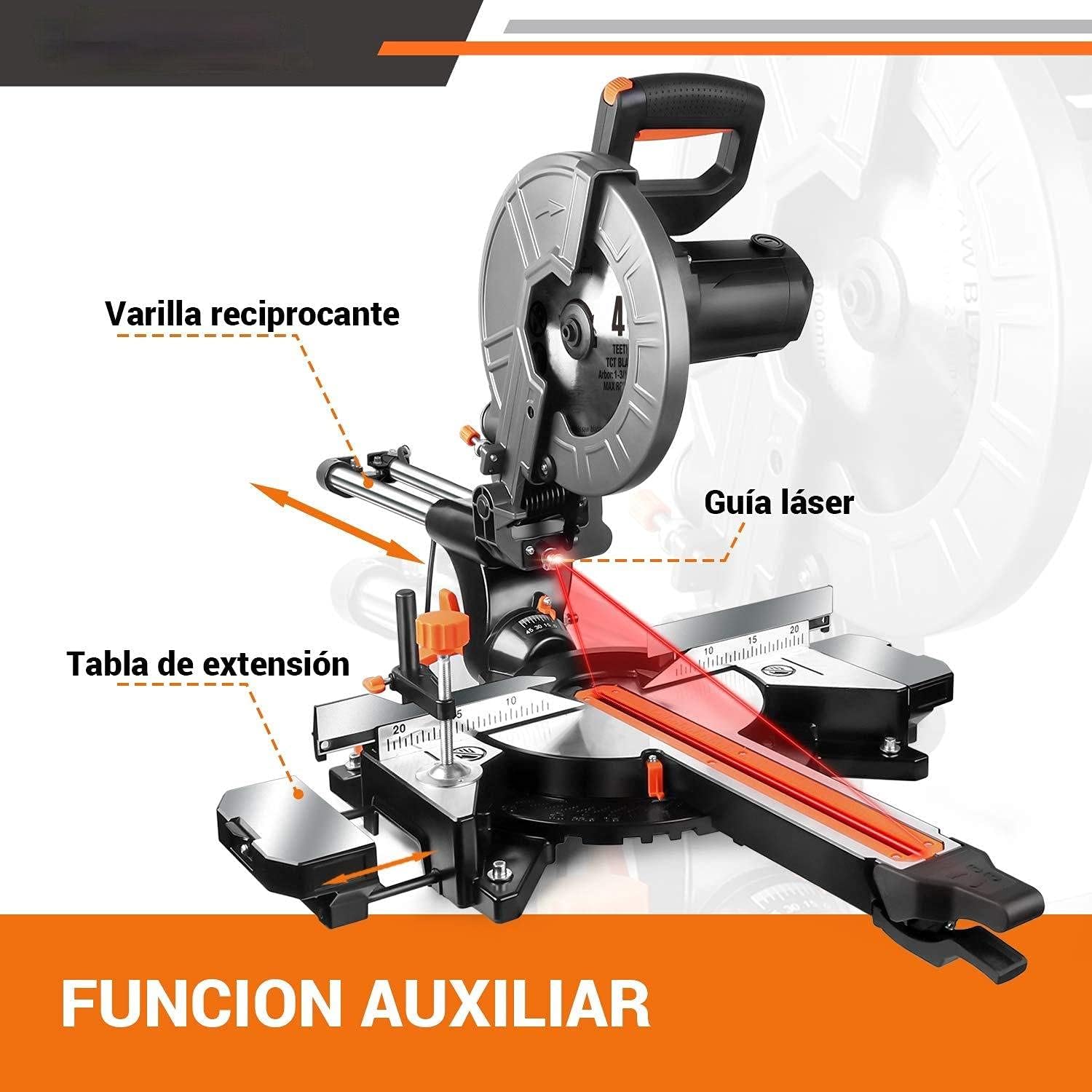 Diagram highlighting auxiliary functions of the TACK Miter Saw: reciprocating rod, laser guide, and extension table.