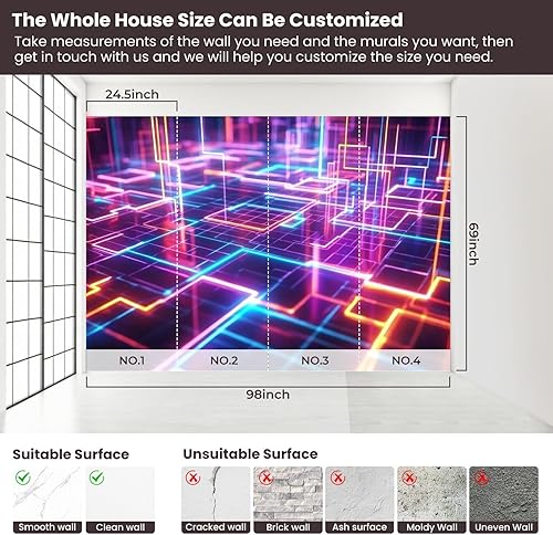 Miniatura 3 de Murales de pared de lienzo geométricos autoadhesivos de los años 80 de neón retro Synthwave 3D, líneas brillantes, papel tapiz de pared para