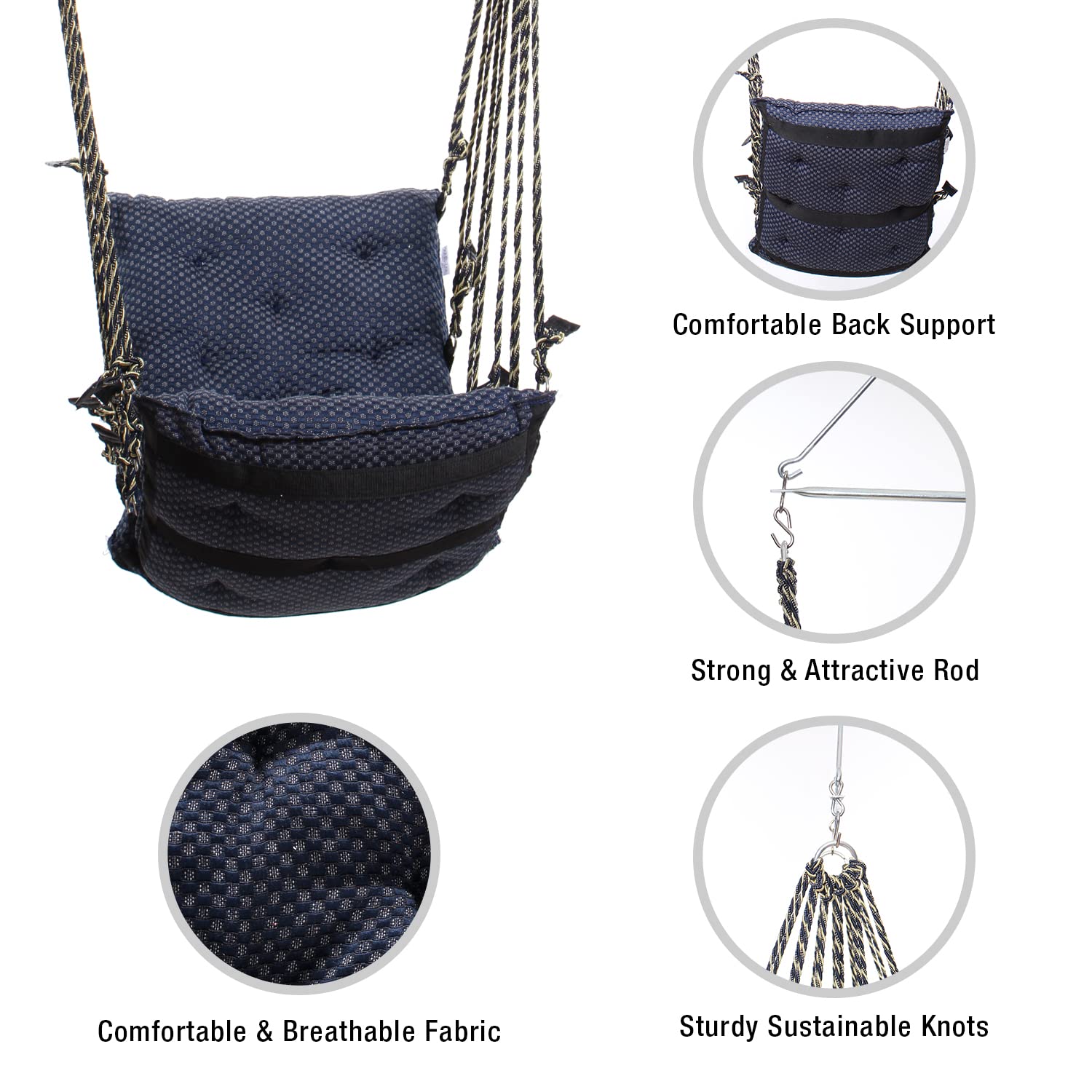Faburaa Grande Swing Chair for Adults & Kids | Cotton Hanging Jhula for Balcony & Indoor Use | Heavy Duty Up to 120 kg | Triangle Rod Support | Blue 2