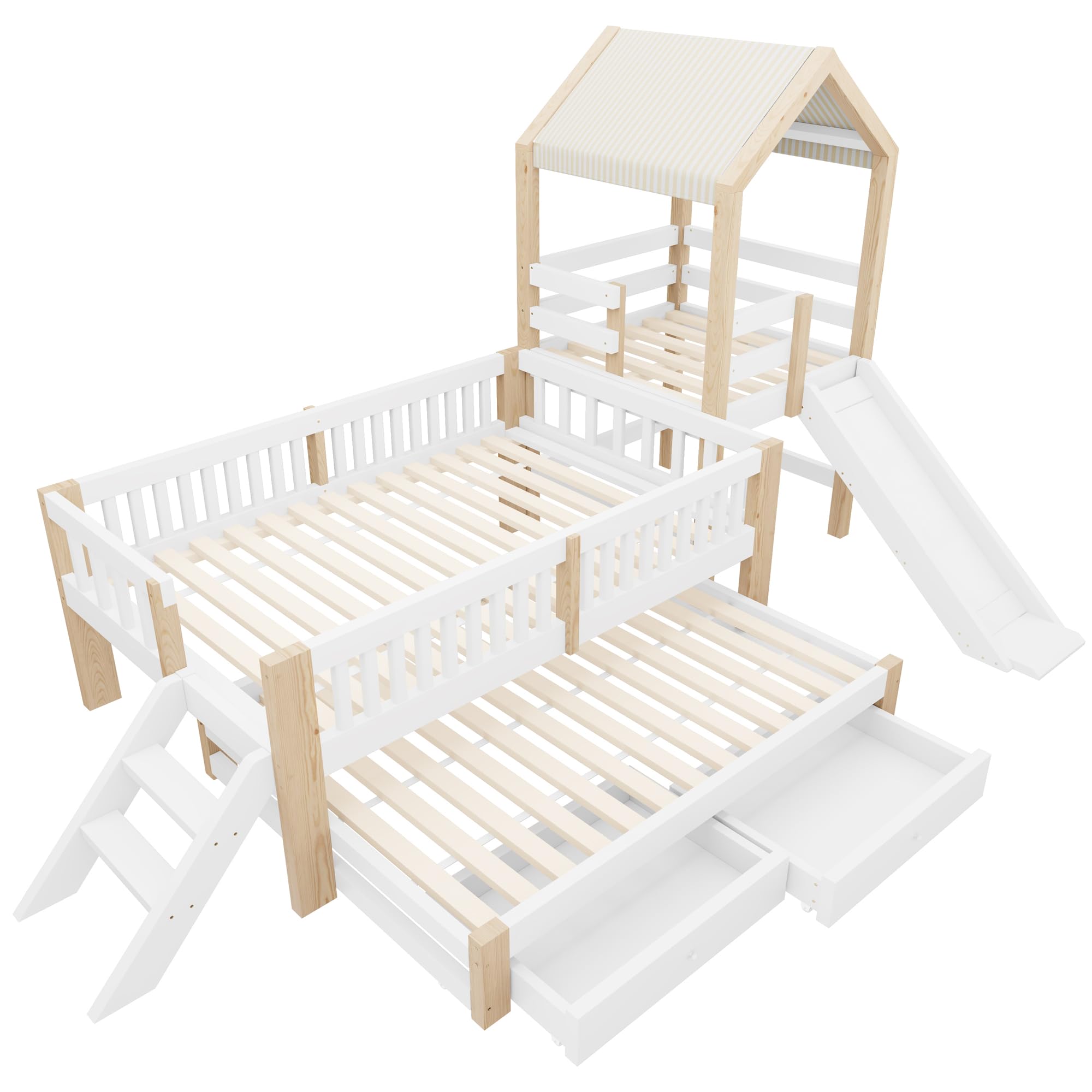 Haus-Kinderbett 90 * 200, Rutsche, Ausziehbett 90 * 190, seitliche Treppe, Schubladen, Massivholzrahmen, Stoffdach, Weiß + Rohholzfarben, Weiß+Natur(ohne Matratze)
