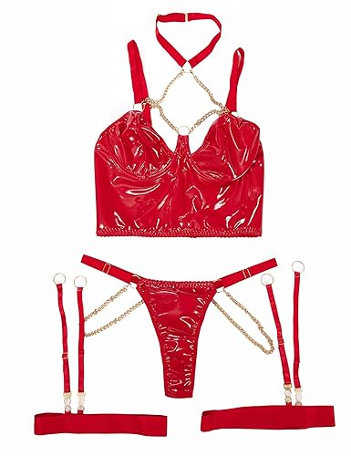 Lidogirl Women PU Leather Chain Lingerie Set Female Lingeries Sets With Garter And Choker - Large - Red