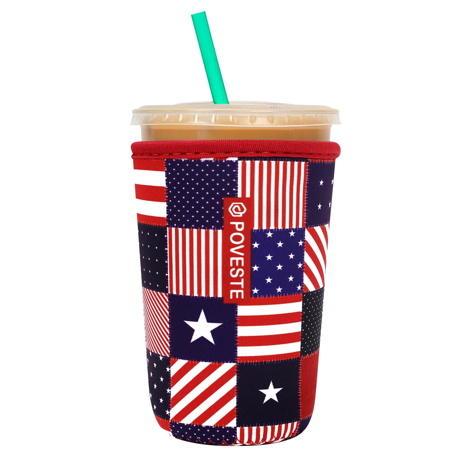 Reusable Neoprene Insulator Sleeve for Iced Coffee &amp; Cold Soda, Coffee Sleeves for Iced &amp; Hot Drinks, Cold Beverage Cooler Compatible with Starbucks, Dunkin (Patriotic Flags, Medium: 22-24oz)