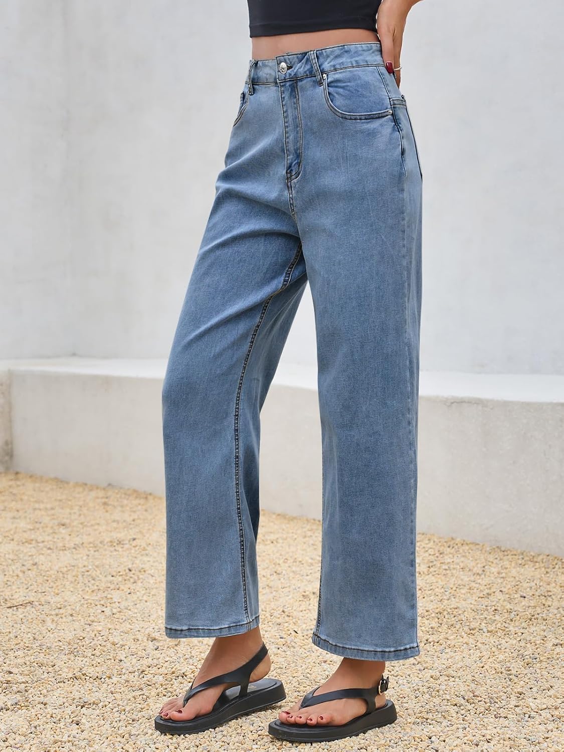 Cicy Bell Womens Baggy Horseshoe Jeans Boyfriend Wide Leg Vintage Mid Rise Cropped Denim Pants (US, Numeric, 10, Regular, Regular, Blue) - Image 5