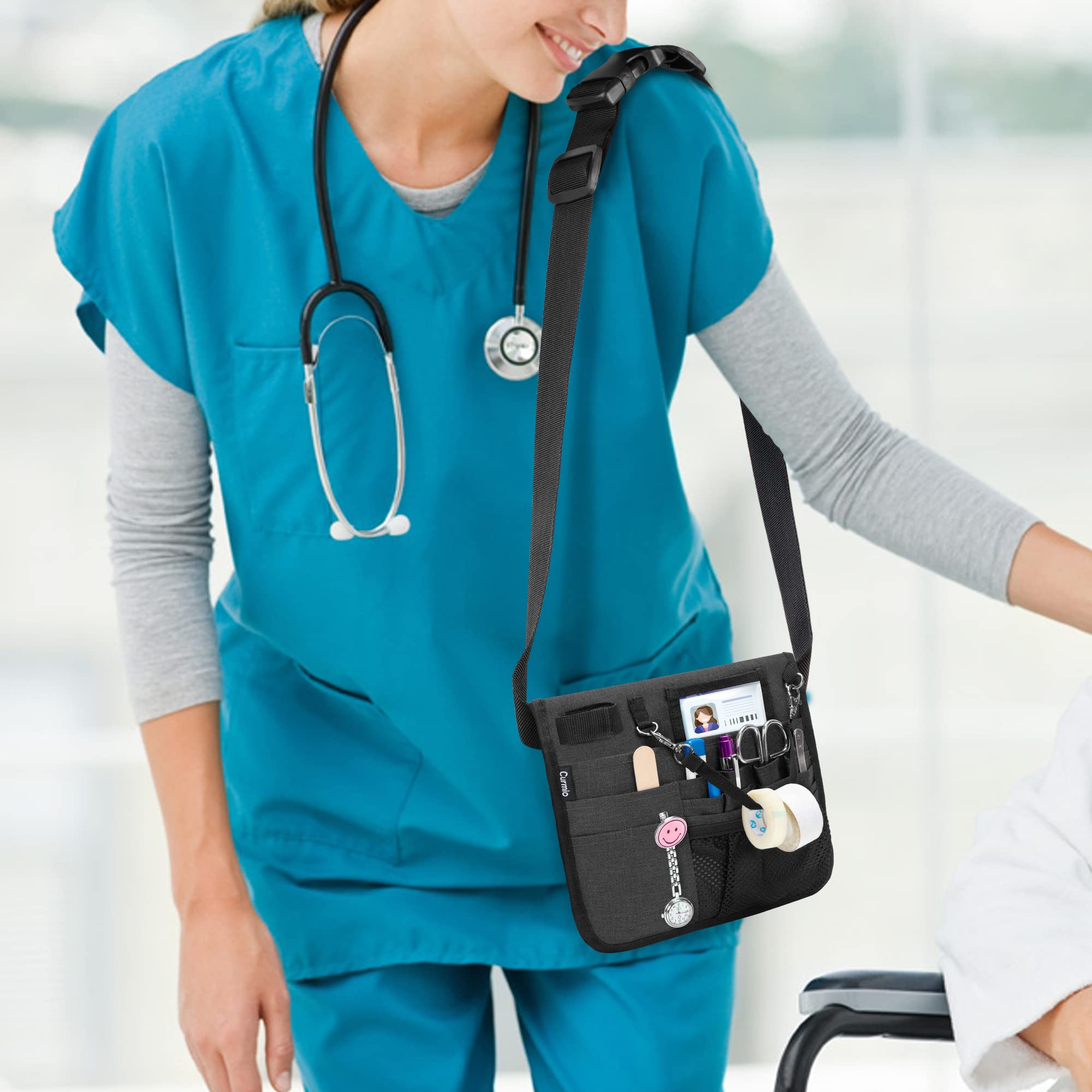 CURMIO Krankenschwestertasche, Gürteltasche für Krankenschwester, Medizinische Bauchtasche, Taillentasche mit verstellbarem Gürtel für Krankenpflege Zubehör, LEERE TASCHE, Schwarz