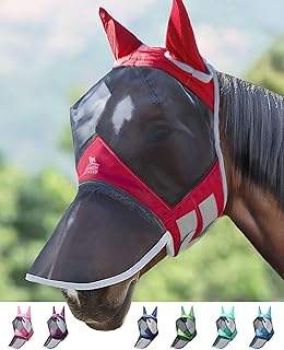 Harrison Howard CareMaster Pro Masque Anti-Mouches Lumineux pour Cheval - Grand Espace pour Les Yeux avec Oreilles - Protection UV - Rouge - Taille complète
