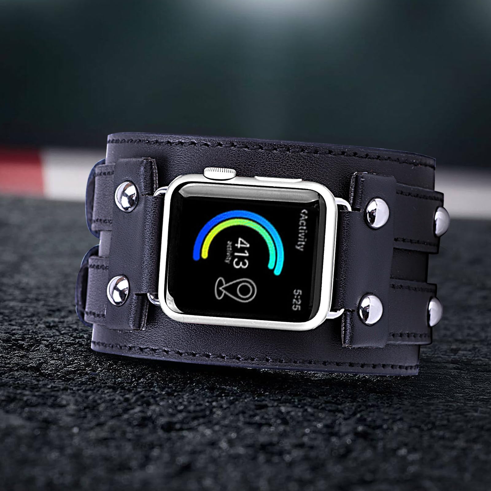 Vikoros Genuine Leather Band Compatible with Apple Watch Ultra 2/Ultra SE Series 9 8 7 5 Bands 49mm 45mm 44mm 42mm Men Women Wrist, Wide Sport Leather Strap Bracelet Replacement Bands for iWatch Ultra Series SE 9 8 7 6 5 4 3 2 Black