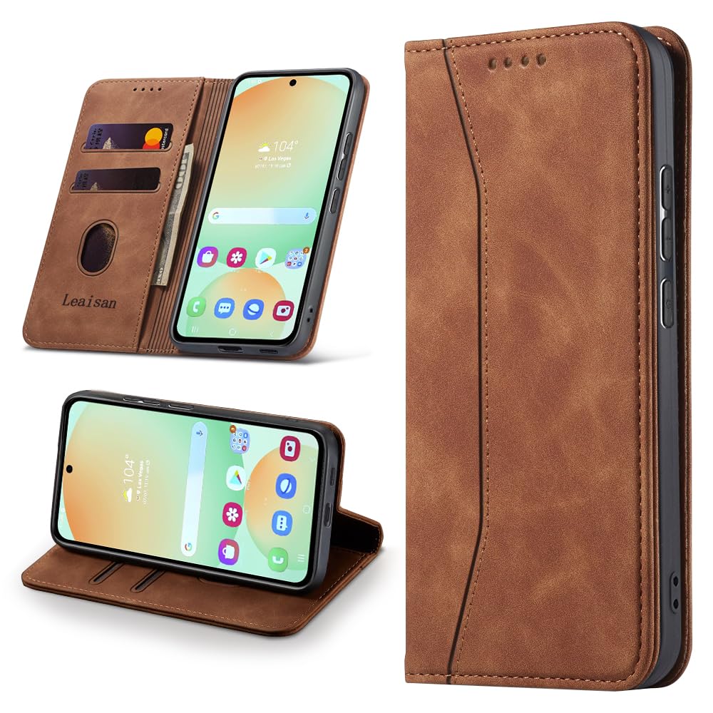 Leaisan Handyhülle für Samsung Galaxy S24 FE Hülle Premium Leder Flip Klappbare Stoßfeste Magnetische [Standfunktion] [Kartenfächern] Schutzhülle für Samsung S24 FE 5G Tasche - Braun