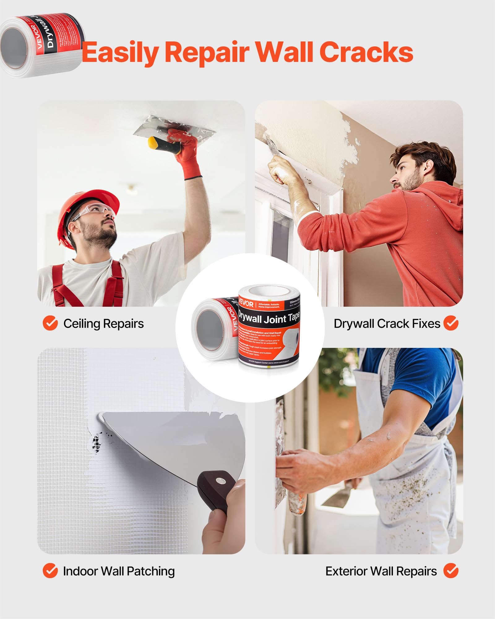 VEVOR Nastro per Cartongesso 30 m x 150 mm Nastro in Fibra di Vetro Autoadesivo per Giunti in Cartongesso, 12 Rotoli, Ideale per Riparare Crepe su Soffitti, Pareti Interne o Esterne, Bianco