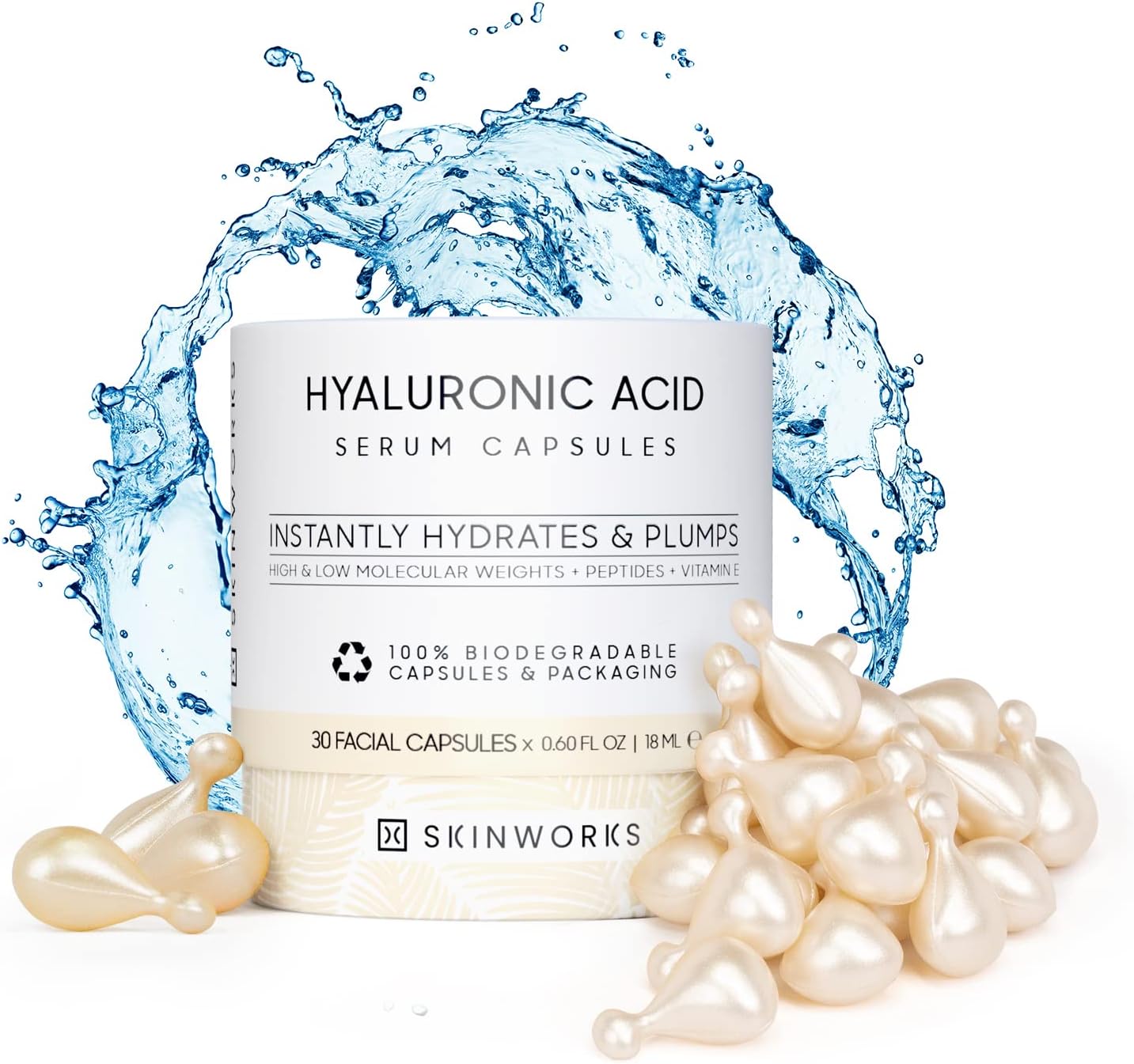 SKINWORKS Hyaluronic Acid Serum for Face, Anti Aging Serum for Fine Lines & Wrinkles, Hydrating Glow, Face Moisturizer Plump & Repair Dry Skin, Unscented, 30 Capsules