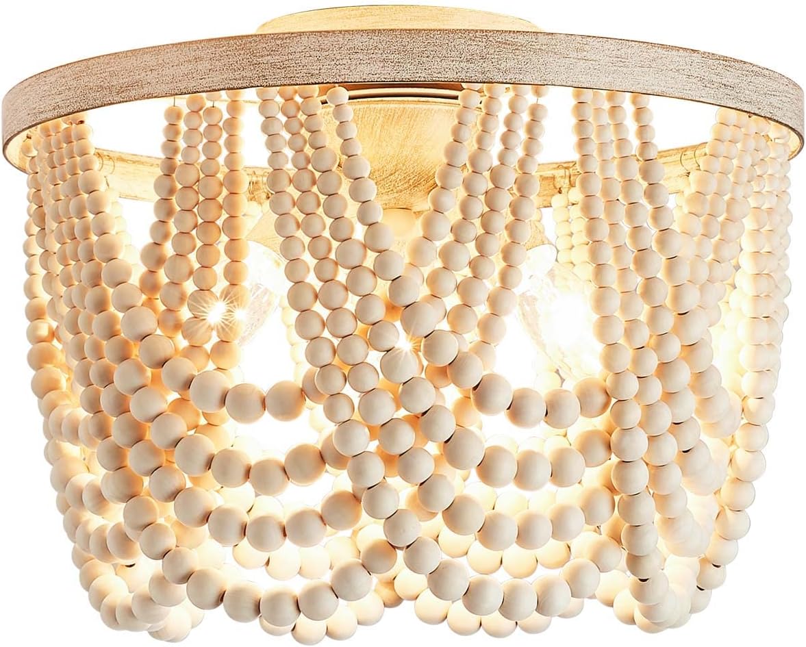 Wood Bead Chandelier,Rustic Anique Boho Flush Mount Ceiling Hanging Pendant Light Fixture,Farmhouse Vintage Small Chandelier with Adjustable Chain for Bedroom,Living Room Dining Room,Entryway