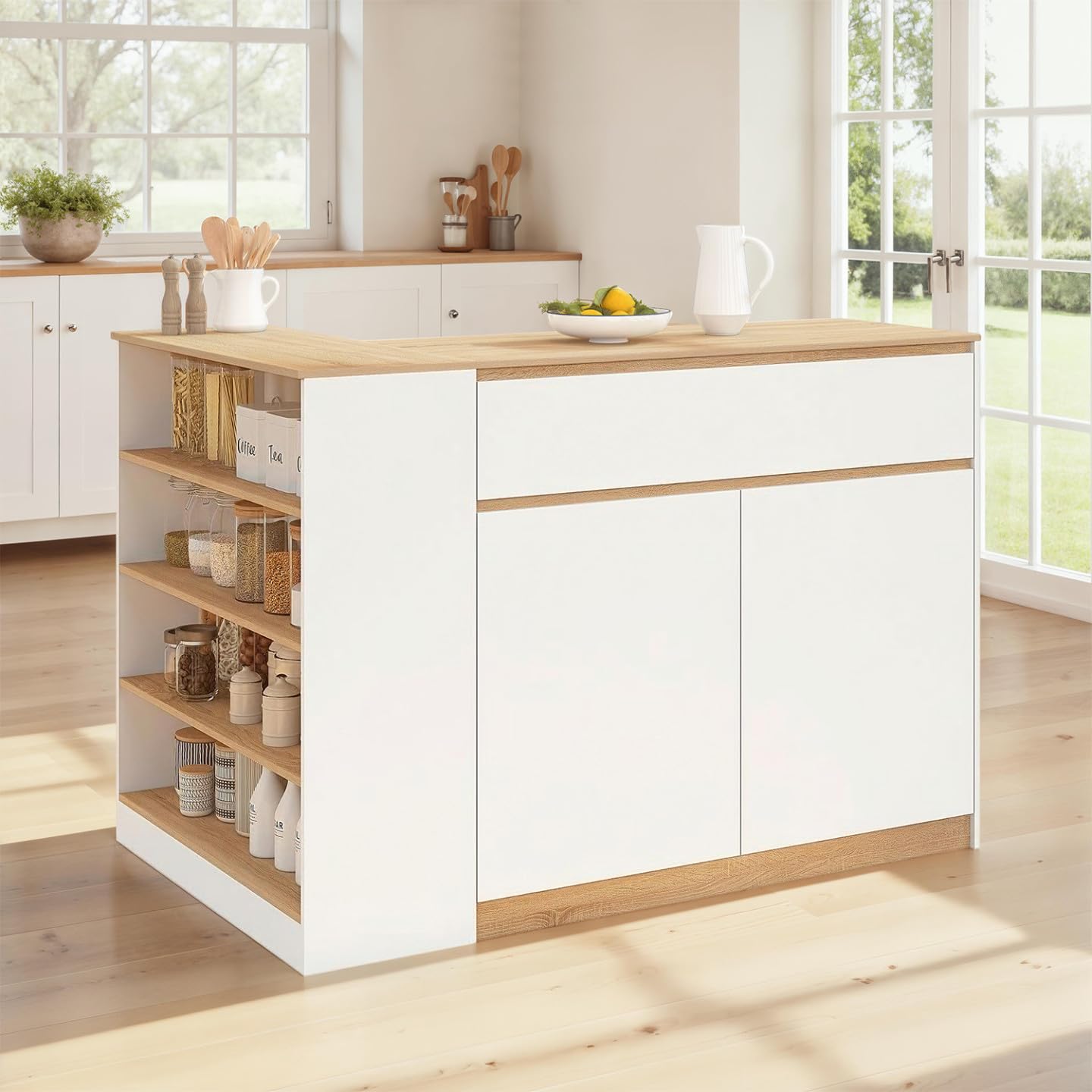 IDMarket - Ilot Central TOMI 130 cm 2 Personnes Double Plateau Bois Blanc avec Plan de Travail façon hêtre