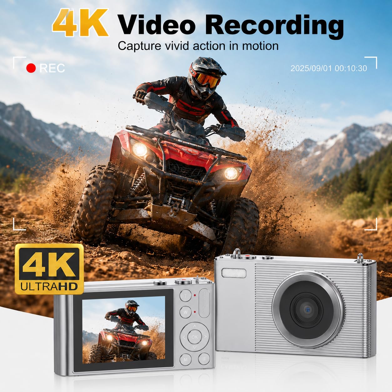 Fotocamera digitale per fotografia, fotocamera 4K 72MP Vlogging, autofocus Point and Shoot fotocamera digitale per adolescenti adulti principianti zoom 16x, scheda 32 GB, argento