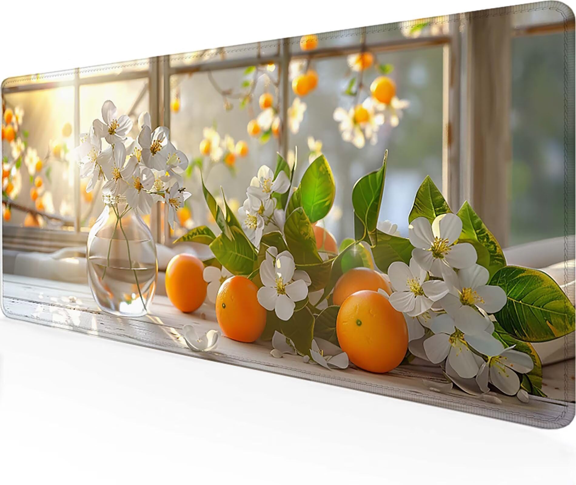 Podkładka pod mysz z motywem kwiatowym, XXL, 1200 x 600 mm, wodoodporna, podkładka na biurko, biała, gamingowa podkładka pod mysz, szyte krawędzie, akcesoria gamingowe, antypoślizgowa gumowa podstawa,