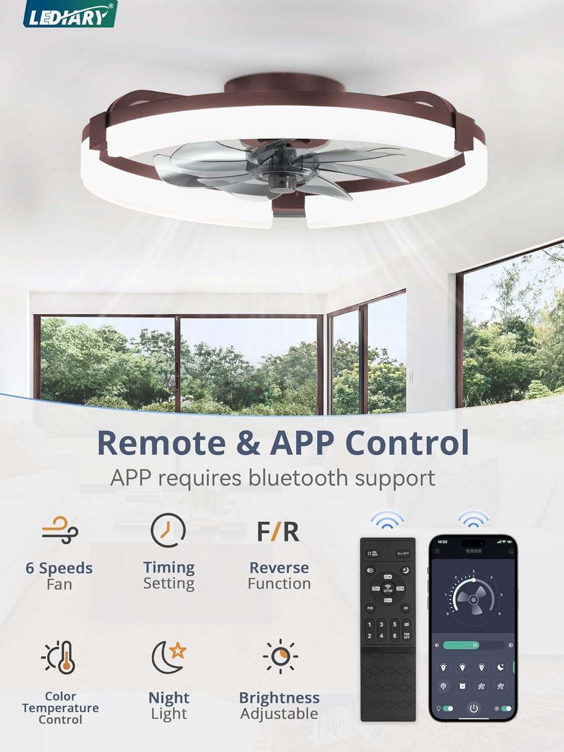 LEDIARY 20" Ceiling Fans with Lights and Remote, Modern Low Profile Ceiling Fan, 3 CCT, Stepless Dimmable, Fandelier Flush Mount Fan Light, 6 Speeds, DC Motor, App & Remote Control for Bedroom(Brown) 20 Inch Brown 1