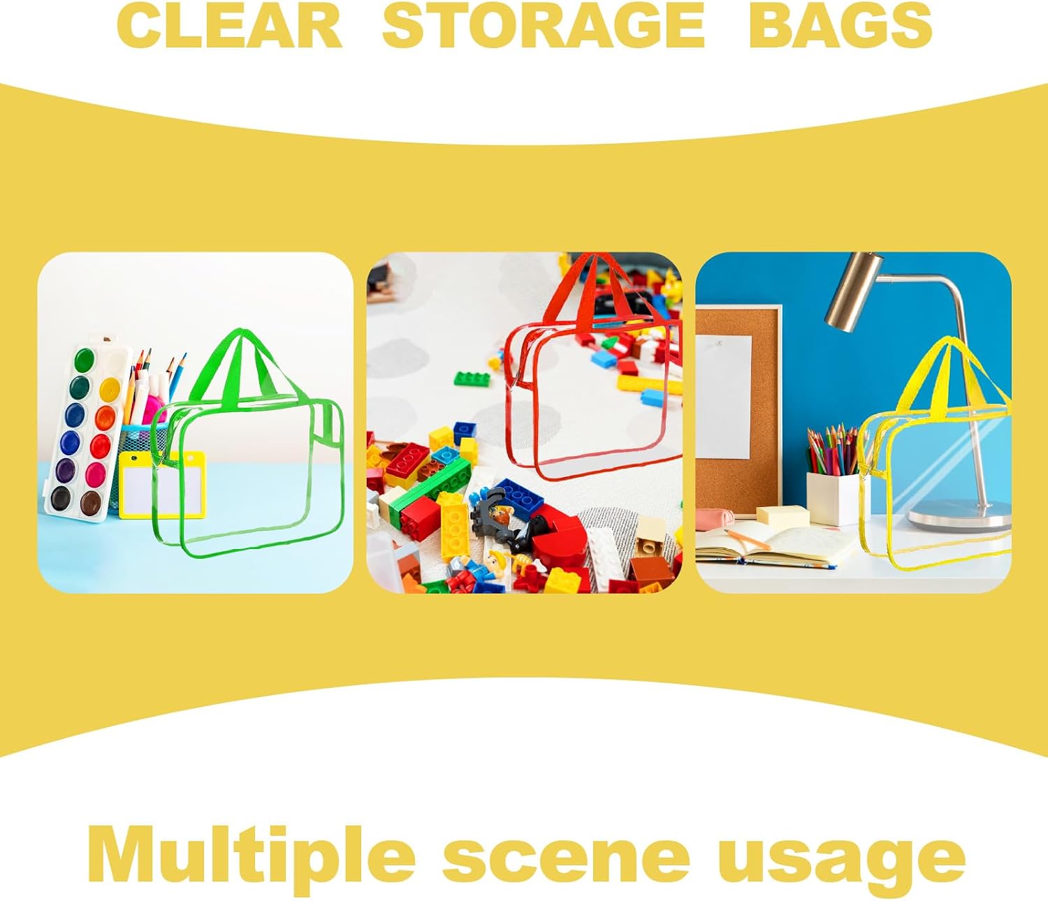 Clear Storage Bag with Zipper - Organizing Bags for Home Travel with Handles - for Building Blocks, Puzzle, Book, Board Game(6 colors,Small)