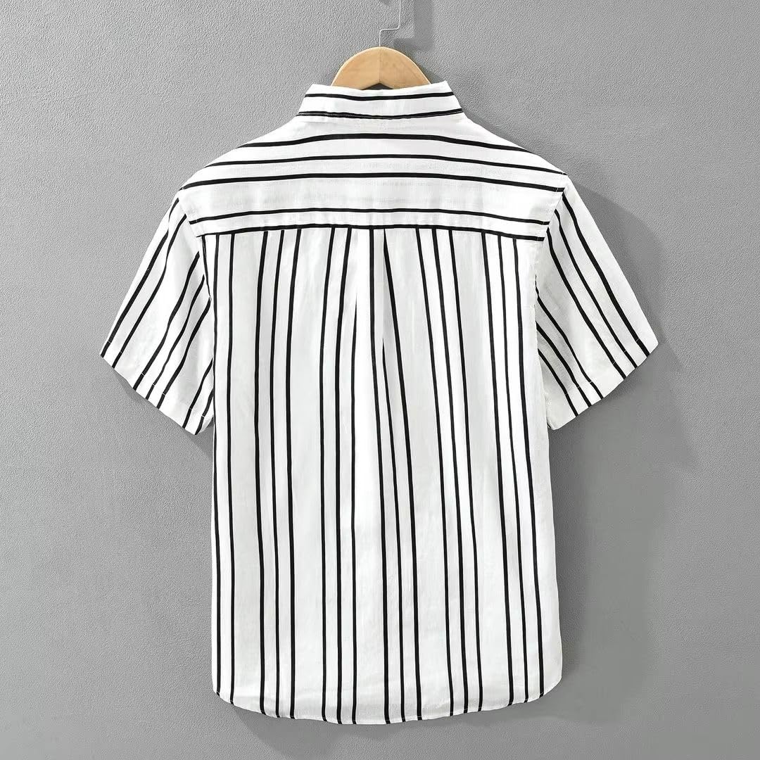 Camicetta da Uomo a Maniche Corte a Righe con Colletto abbattuto, Top Casual per Vacanze al Mare estive