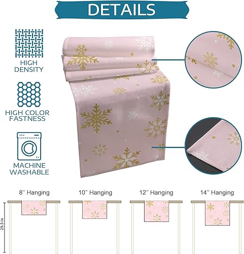 Miniatura 7 de Camino de mesa de copo de nieve rosa rubor, lino de algodón, bufandas de tocador de vacaciones de 120 pulgadas, feliz Navidad, romántico, color