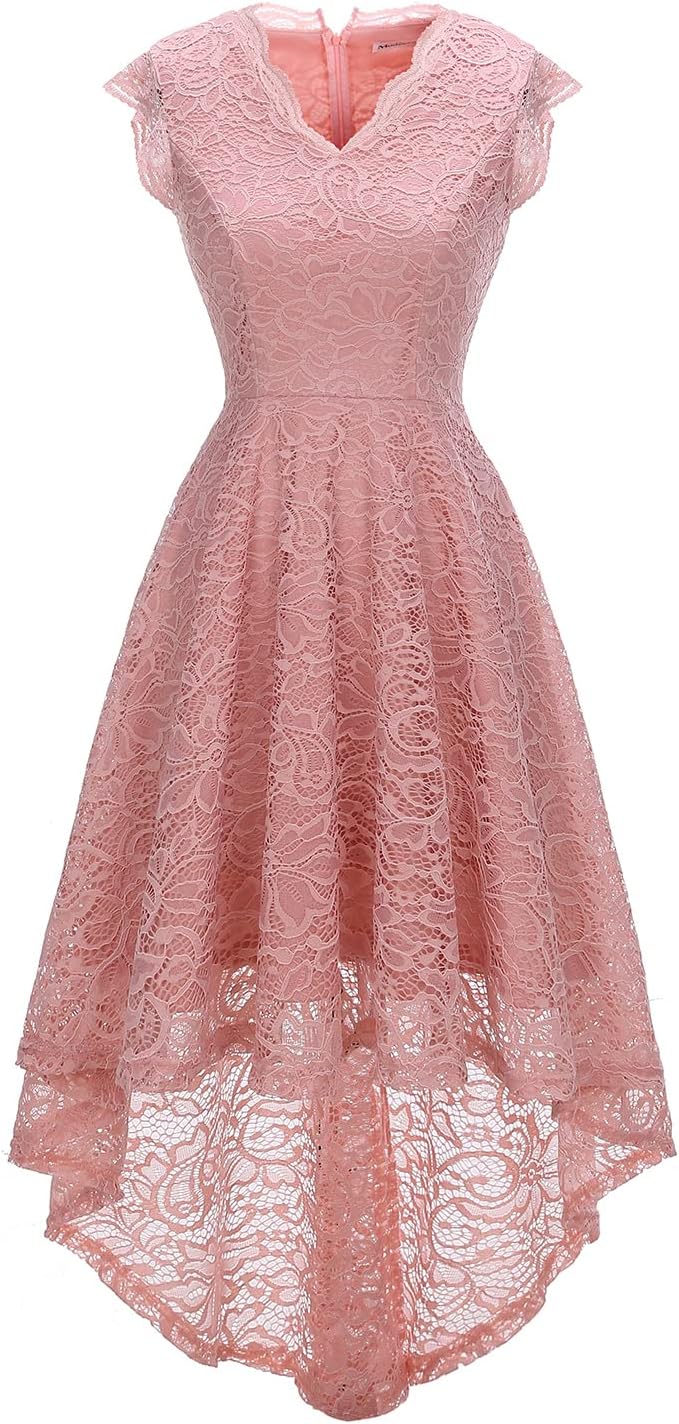 Women's V Neckline Formal Dress Hi-Lo Floral Lace Bridesmaid Party Dress M Blush M