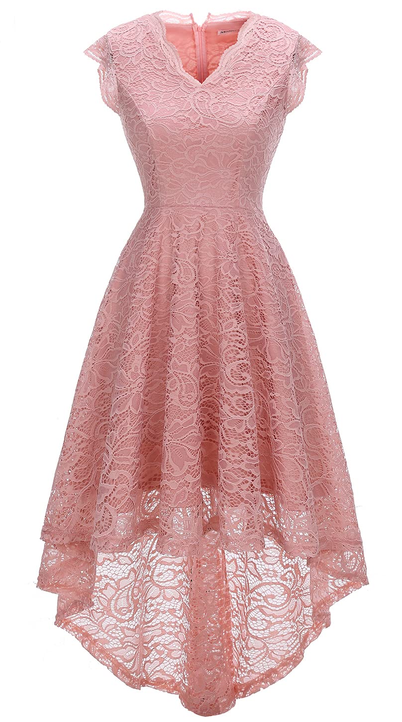 Women's V Neckline Formal Dress Hi-Lo Floral Lace Bridesmaid Party Dress M Blush M